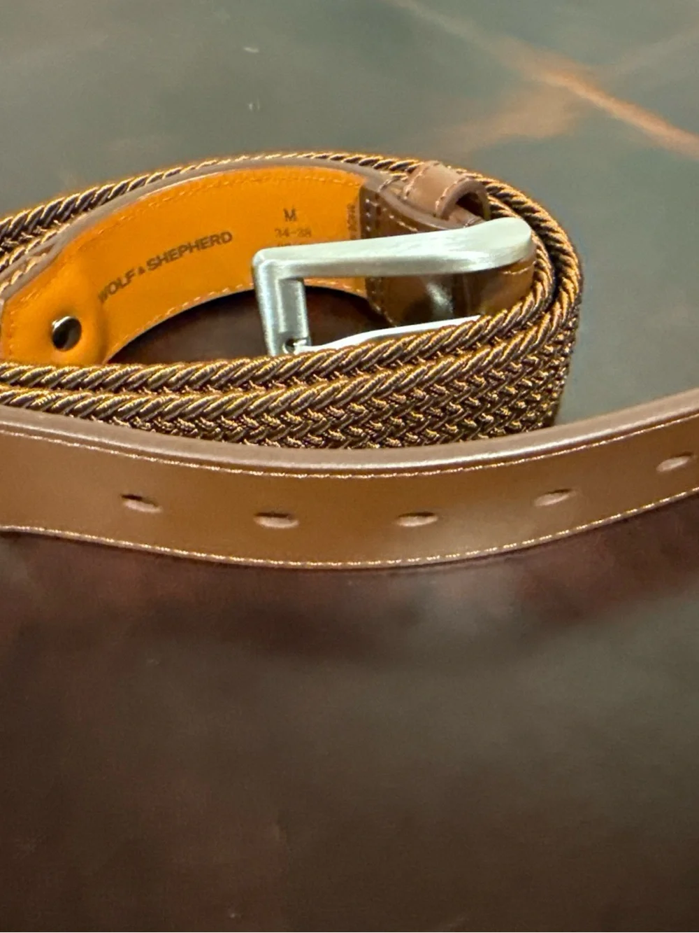 Wolf & Shepherd Stealth Woven Belt Medium 34 - 38 Stretch Maple Brown Leather